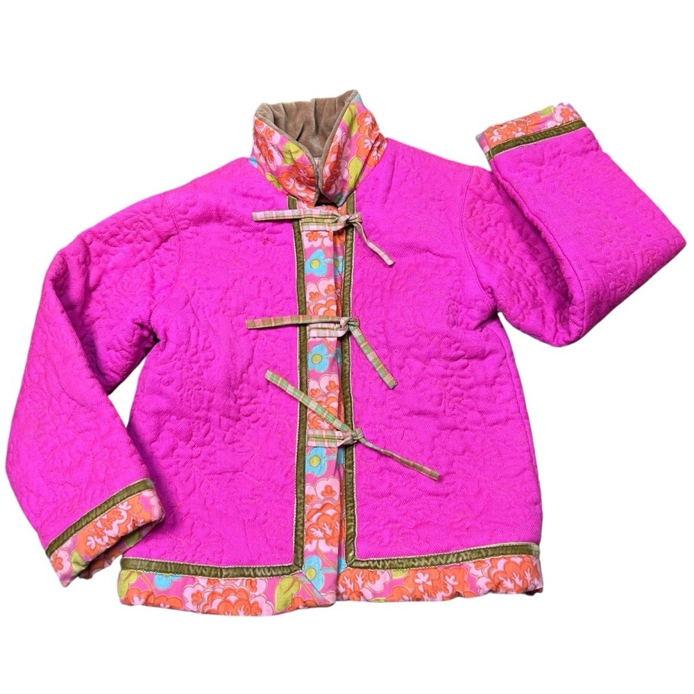 Room seven girls quilted pink jacket size 4 color block floral wool colorful